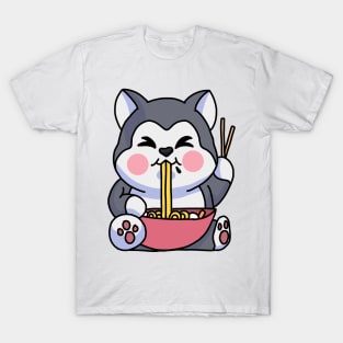 Anime Kawaii Ramen Eating Husky Japanese Noodles T-Shirt